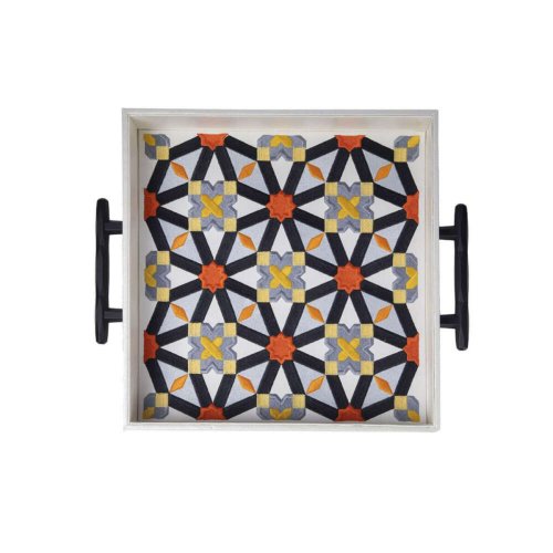 Orange Oriental Tray With Black Handles