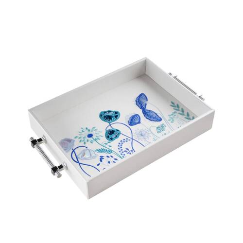 Blue Floral Tray With Silver Handles