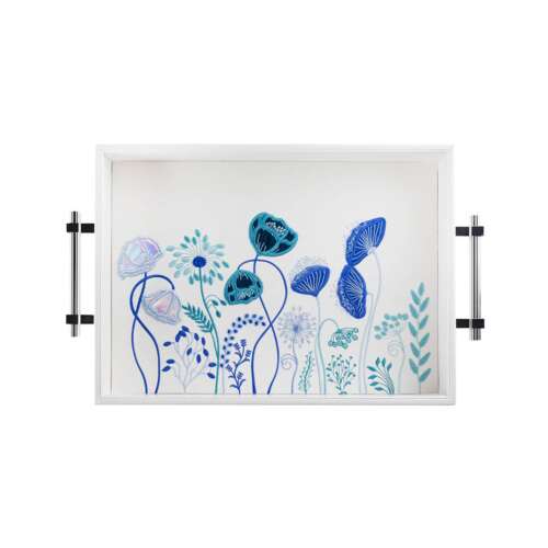 Blue Floral Tray With Silver Handles